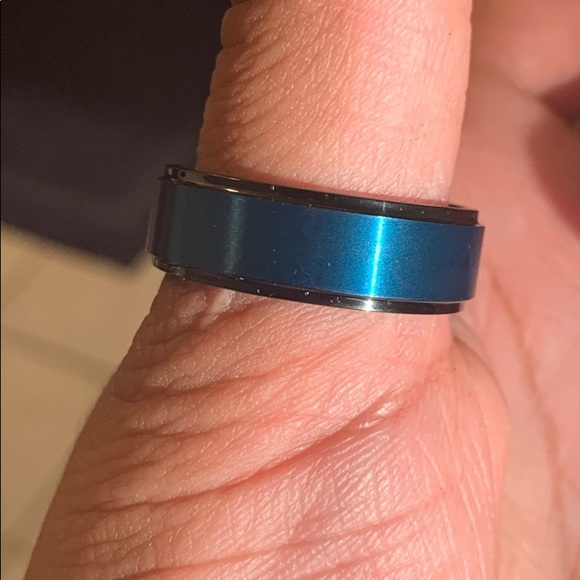 8mm Black Tungsten Carbide sea Blue Brushed center wedding Ring for Men - Picture 4 of 11